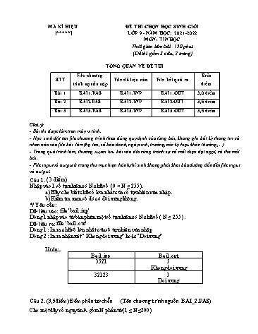 Đề thi chọn học sinh giỏi Tin học 9 - Năm học 2021-2022 (Có đáp án)
