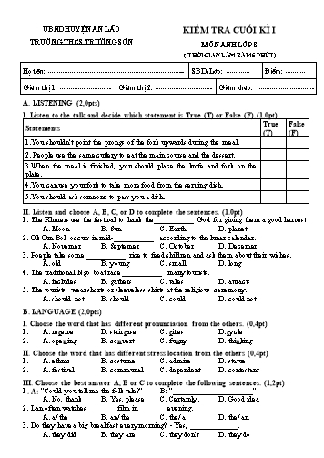File nghe + Đề kiểm tra cuối kì I Tiếng Anh 8 - Trường THCS Trường Sơn (Có đáp án + Ma trận)