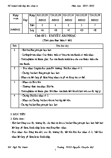 Giáo án Âm nhạc 6 - Chủ đề 1: Em yêu âm nhạc - Năm học 2022-2023 - Ngô Thị Hạnh