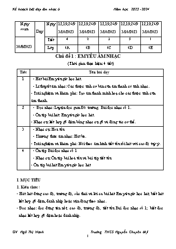 Giáo án Âm nhạc 6 - Chủ đề 1: Em yêu âm nhạc - Năm học 2023-2024 - Ngô Thị Hạnh