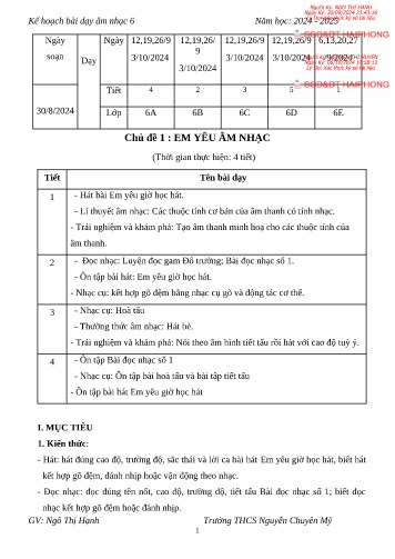 Giáo án Âm nhạc 6 - Chủ đề 1: Em yêu âm nhạc - Năm học 2024-2025 - Ngô Thị Hạnh