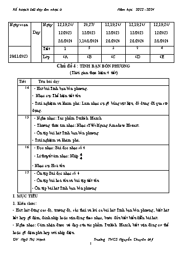 Giáo án Âm nhạc 6 - Chủ đề 4 : Tình bạn bốn phương - Năm học 2023-2024 - Ngô Thị Hạnh