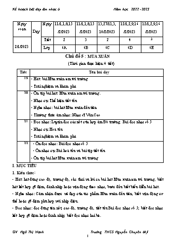 Giáo án Âm nhạc 6 - Chủ đề 5: Mùa xuân - Năm học 2022-2023 - Ngô Thị Hạnh