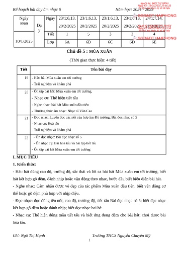 Giáo án Âm nhạc 6 - Chủ đề 5: Mùa xuân - Năm học 2024-2025 - Ngô Thị Hạnh