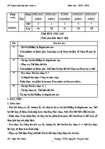 Giáo án Âm nhạc 6 - Chủ đề 6: Ước mơ - Năm học 2022-2023 - Ngô Thị Hạnh