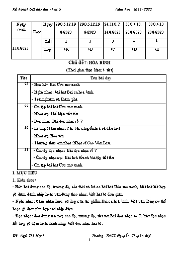 Giáo án Âm nhạc 6 - Chủ đề 7: Hòa bình - Năm học 2023-2024 - Ngô Thị Hạnh