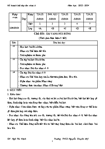 Giáo án Âm nhạc 6 - Chủ đề 8: Âm vang rừng núi - Năm học 2023-2024 - Ngô Thị Hạnh