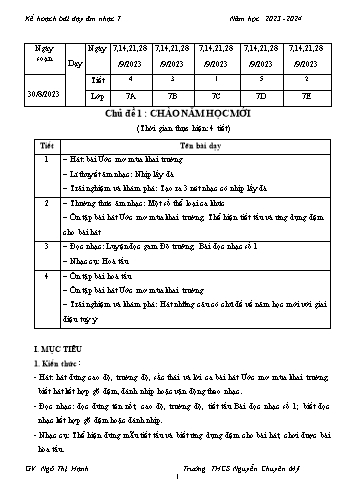 Giáo án Âm nhạc 7 - Chủ đề 1: Chào năm học mới - Năm học 2023-2024 - Ngô Thị Hạnh