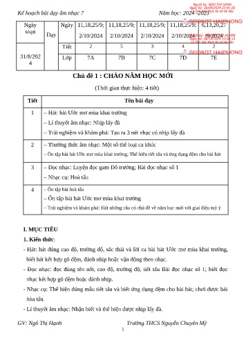 Giáo án Âm nhạc 7 - Chủ đề 1: Chào năm học mới - Năm học 2024-2025 - Ngô Thị Hạnh