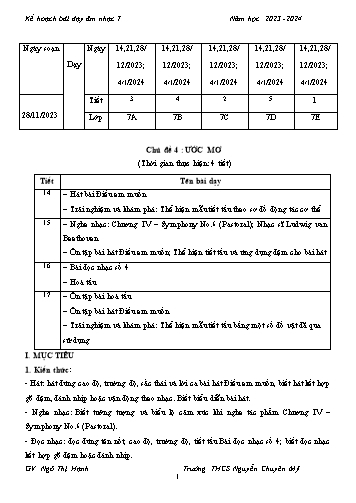 Giáo án Âm nhạc 7 - Chủ đề 4 : Ước mơ - Năm học 2023-2024 - Ngô Thị Hạnh