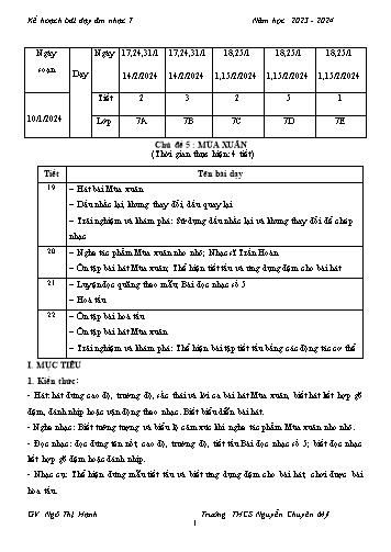 Giáo án Âm nhạc 7 - Chủ đề 5: Mùa xuân - Năm học 2023-2024 - Ngô Thị Hạnh