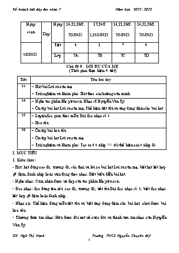 Giáo án Âm nhạc 7 - Chủ đề 6: Lời ru của mẹ - Năm học 2022-2023 - Ngô Thị Hạnh