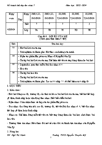 Giáo án Âm nhạc 7 - Chủ đề 6: Lời ru của mẹ - Năm học 2023-2024 - Ngô Thị Hạnh