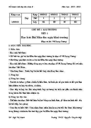 Giáo án Âm nhạc 8 - Chủ đề 1: Mái trường - Năm học 2022-2023 - Ngô Thị Hạnh