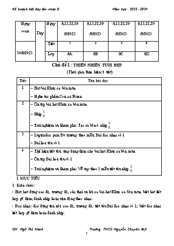 Giáo án Âm nhạc 8 - Chủ đề 1: Thiên nhiên tươi đẹp - Năm học 2023-2024 - Ngô Thị Hạnh