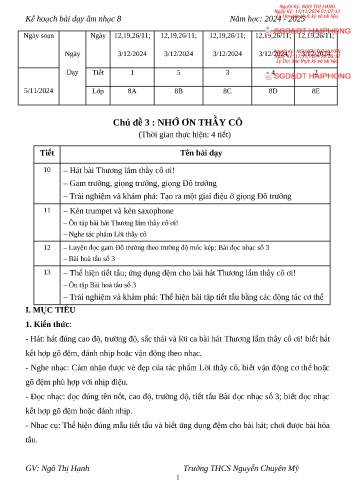Giáo án Âm nhạc 8 - Chủ đề 3: Nhớ ơn thầy cô - Năm học 2024-2025 - Ngô Thị Hạnh