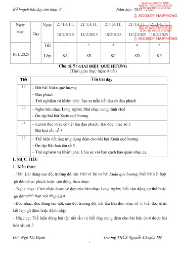 Giáo án Âm nhạc 8 - Chủ đề 5 : Giai điệu quê hương - Năm học 2024-2025 - Ngô Thị Hạnh