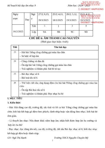 Giáo án Âm nhạc 9 - Chủ đề 6: Âm thanh cao nguyên - Năm học 2024-2025 - Ngô Thị Hạnh