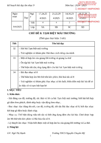 Giáo án Âm nhạc 9 - Chủ đề 8: Tạm biệt mái trường - Năm học 2024-2025 - Ngô Thị Hạnh