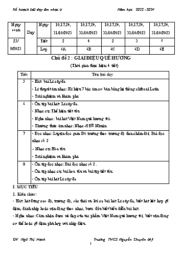 Giáo án Âm nhạc Lớp 6 - Chủ đề 2: Giai điệu quê hương - Năm học 2023-2024 - Ngô Thị Hạnh