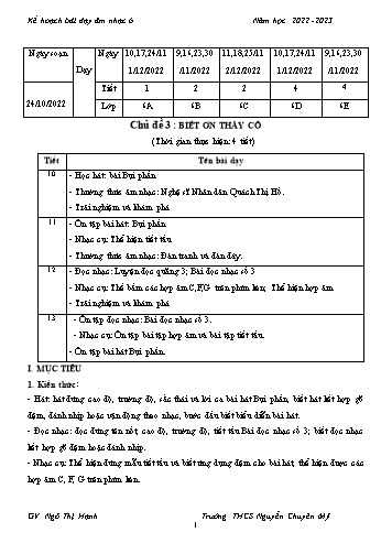 Giáo án Âm nhạc Lớp 6 - Chủ đề 3: Biết ơn thầy cô - Năm học 2022-2023 - Ngô Thị Hạnh