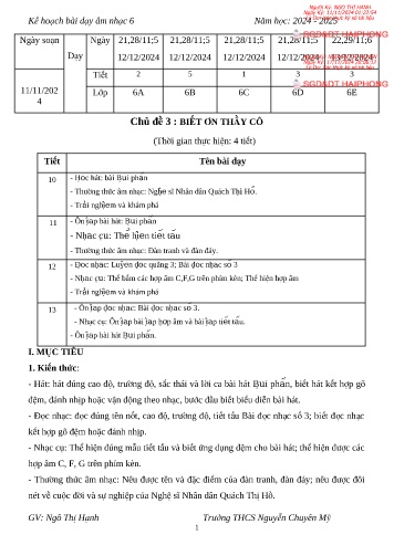 Giáo án Âm nhạc Lớp 6 - Chủ đề 3: Biết ơn thầy cô - Năm học 2024-2025 - Ngô Thị Hạnh