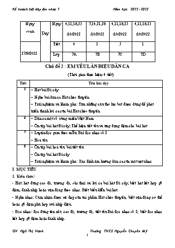 Giáo án Âm nhạc Lớp 7 - Chủ đề 2: Em yêu làm điệu dân ca - Năm học 2022-2023 - Ngô Thị Hạnh