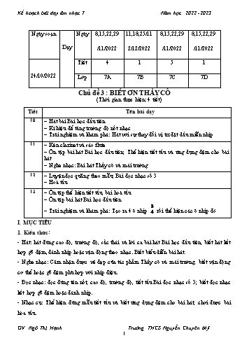Giáo án Âm nhạc Lớp 7 - Chủ đề 3: Biết ơn thầy cô - Năm học 2022-2023 - Ngô Thị Hạnh