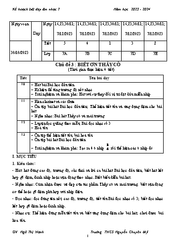Giáo án Âm nhạc Lớp 7 - Chủ đề 3: Biết ơn thầy cô - Năm học 2023-2024 - Ngô Thị Hạnh