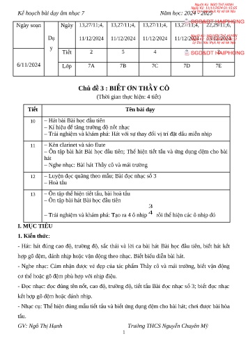 Giáo án Âm nhạc Lớp 7 - Chủ đề 3: Biết ơn thầy cô - Năm học 2024-2025 - Ngô Thị Hạnh