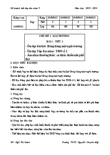 Giáo án Âm nhạc Lớp9 - Chủ đề 1: Mái trường - Năm học 2023-2024 - Ngô Thị Hạnh