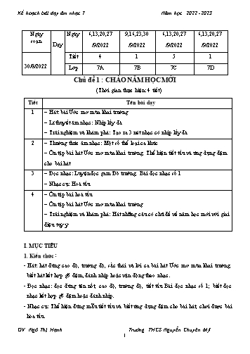 Giáo án Âm nhạc7 - Chủ đề 1: Chào năm học mới - Năm học 2022-2023 - Ngô Thị Hạnh