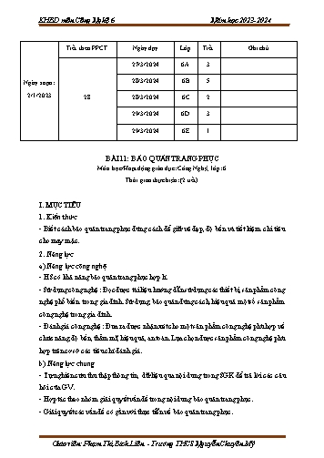 Giáo án Công nghệ 6 (Cánh diều) - Bài 11: Bảo quản trang phục - Năm học 2023-2024 - Phạm Thị Bích Liên