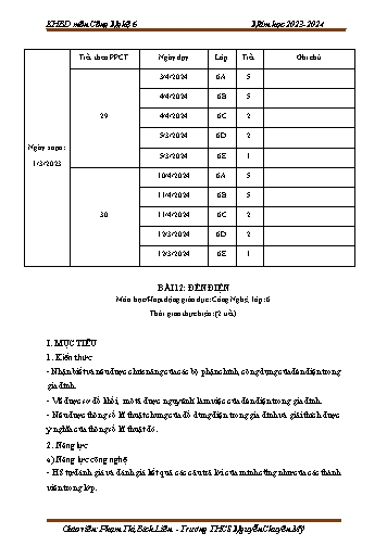 Giáo án Công nghệ 6 (Cánh diều) - Bài 12: Đèn điện - Năm học 2023-2024 - Phạm Thị Bích Liên