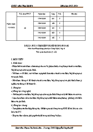 Giáo án Công nghệ 6 (Cánh diều) - Bài 13: Nồi cơm điện và bếp hồng ngoại - Năm học 2023-2024 - Phạm Thị Bích Liên
