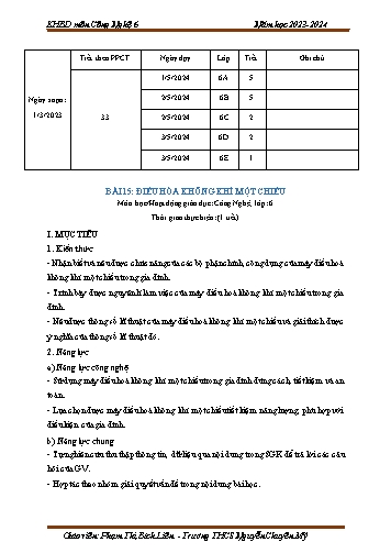 Giáo án Công nghệ 6 (Cánh diều) - Bài 15: Điều hòa không khí một chiều - Năm học 2023-2024 - Phạm Thị Bích Liên