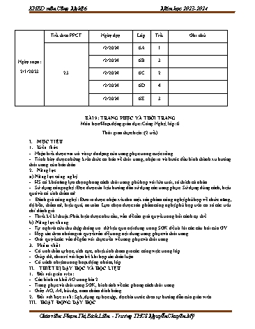 Giáo án Công nghệ 6 (Cánh diều) - Bài 9: Trang phục và thời trang - Năm học 2023-2024 - Phạm Thị Bích Liên