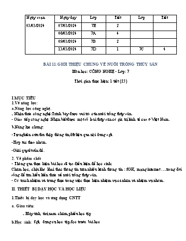Giáo án Công nghệ 7 - Bài 11: Giới thiệu chung về nuôi trồng thủy sản