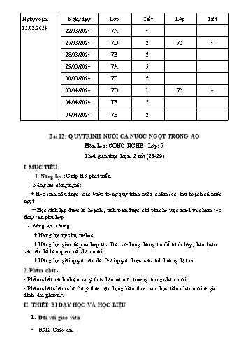 Giáo án Công nghệ 7 - Bài 12: Quy trình nuôi cá nước ngọt trong ao
