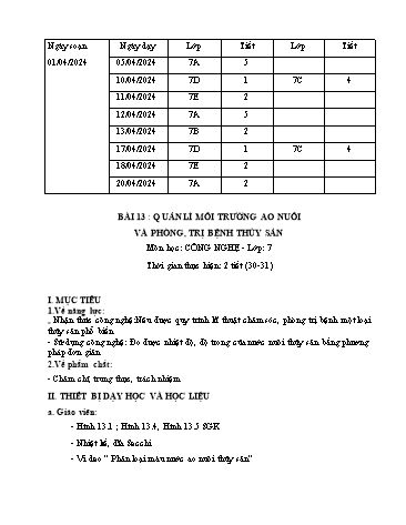 Giáo án Công nghệ 7 - Bài 13: Quản lí môi trường ao nuôi và phòng, trị bệnh thủy sản