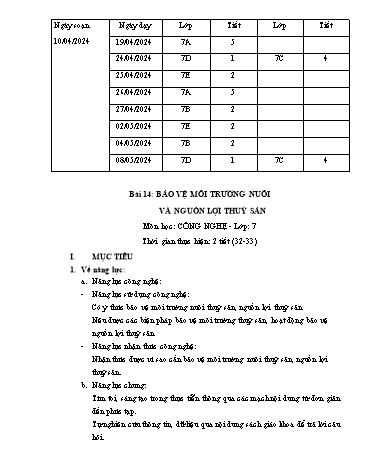 Giáo án Công nghệ 7 - Bài 14: Bảo vệ môi trường nuôi và nguồn lợi thuỷ sản
