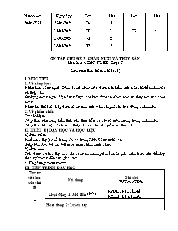 Giáo án Công nghệ 7 - Ôn tập chủ đề 2: Chăn nuôi và thủy sản