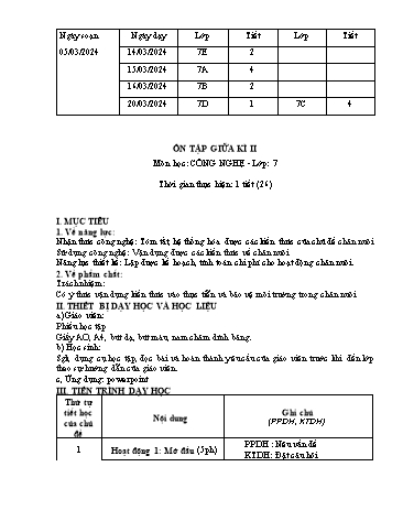 Giáo án Công nghệ 7 - Ôn tập giữa kì II
