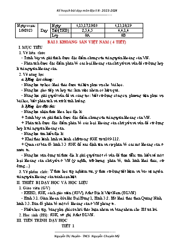 Giáo án Địa lí 8 - Bài 3: Khoáng sản Việt Nam - Năm học 2023-2024 - Nguyễn Thị Huyền