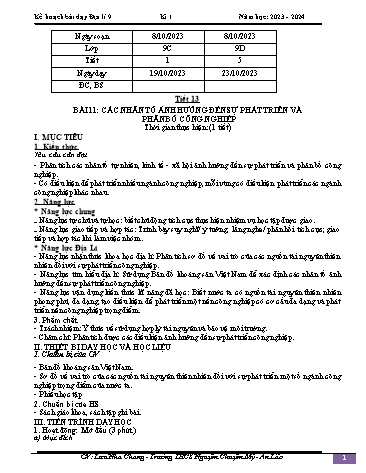 Giáo án Địa lí 9 - Bài 11: Các nhân tố ảnh hưởng đến sự phát triển và phân bố công nghiệp - Năm học 2023-2024 - Lưu Nha Chang