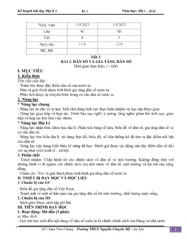 Giáo án Địa lí 9 - Bài 2: Dân số và gia tăng dân số - Năm học 2023-2024 - Lưu Nha Chang