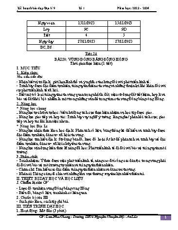 Giáo án Địa lí 9 - Bài 20: Vùng đồng bằng sông Hồng - Năm học 2023-2024 - Lưu Nha Chang