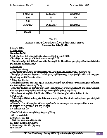 Giáo án Địa lí 9 - Bài 20: Vùng đồng bằng sông Hồng (Tiết 25) - Năm học 2023-2024 - Lưu Nha Chang