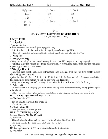 Giáo án Địa lí 9 - Bài 24: Vùng bắc Trung Bộ (Tiết 28) - Năm học 2023-2024 - Lưu Nha Chang