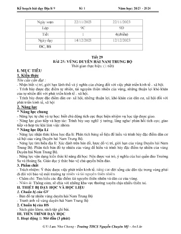 Giáo án Địa lí 9 - Bài 25: Vùng duyên hải nam Trung Bộ (Tiết 29) - Năm học 2023-2024 - Lưu Nha Chang